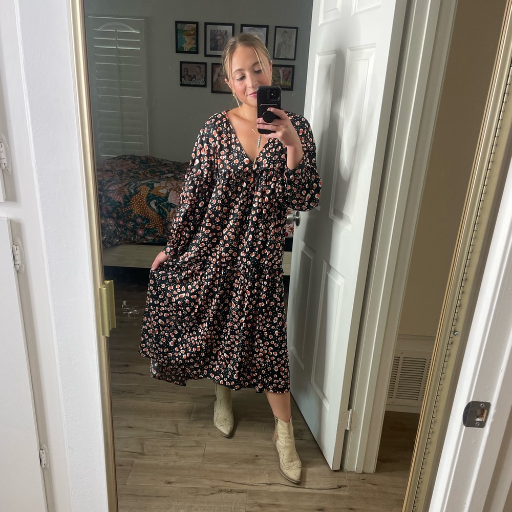 Who What Wear x Target Black and Orange Leopard Print Mumu Maxi Dress